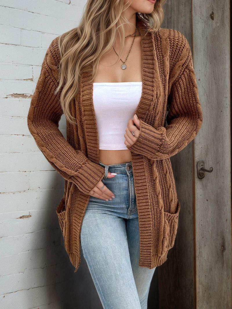 Grobstrick-Cardigan für Damen mit Zopfmuster, langärmliger Mantel mit offener Vorderseite, lässiger Pullover mit lockerer Passform für Herbst und Winter_voghion.com