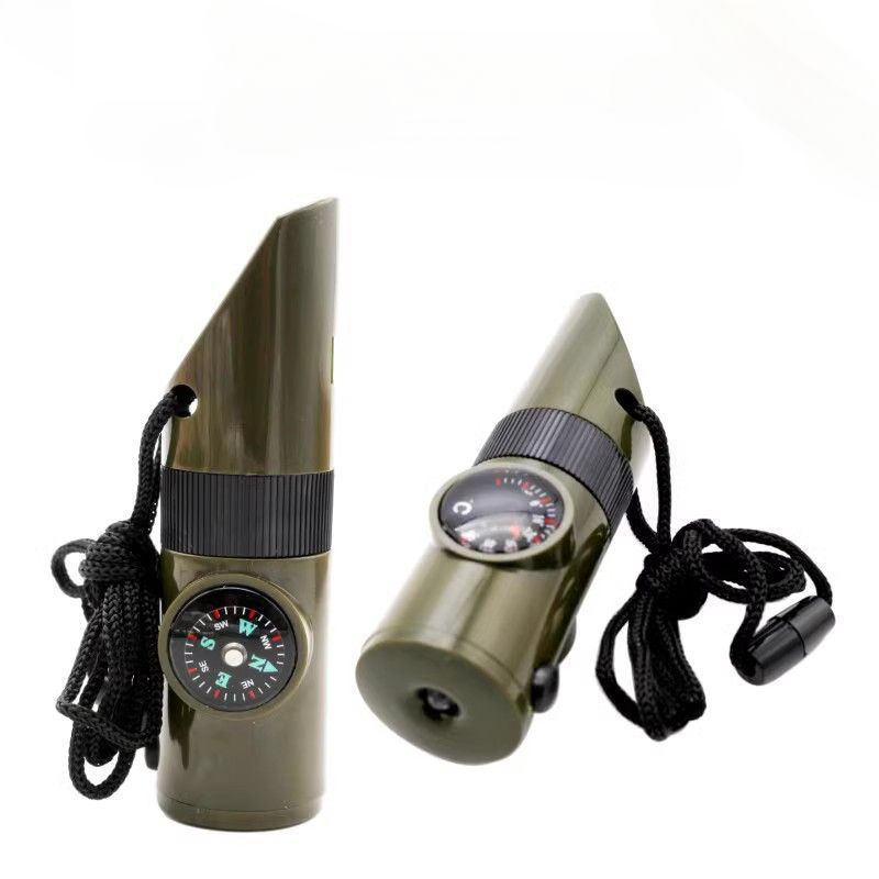 Équipement de survie en plein air 7 en 1 Sifflet multifonction Boussole d'urgence portable Loupe Lampe de poche Thermomètre_voghion.com