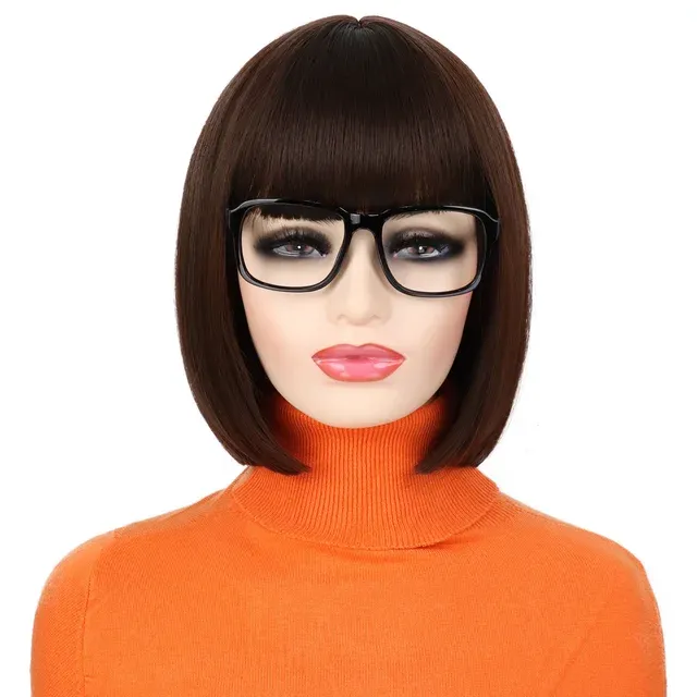 Hotselgende Rett Bob med Pannelugg Kostyme Brun Varmebestandig Fiber Cospaly Velma Parykk til Daglig Fest Halloween Bruk_voghion.com