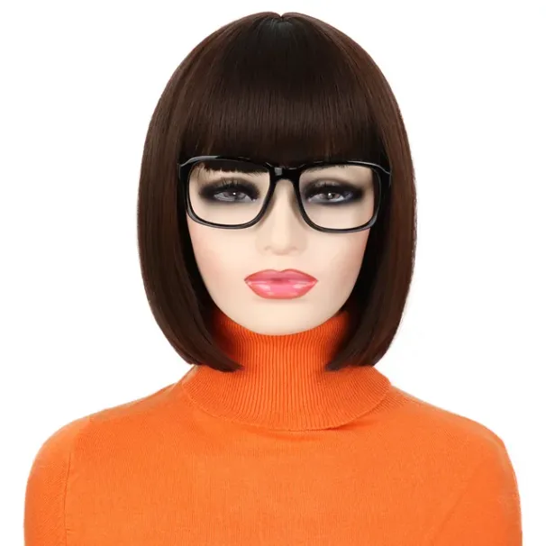 Hotselgende Rett Bob med Pannelugg Kostyme Brun Varmebestandig Fiber Cospaly Velma Parykk til Daglig Fest Halloween Bruk_voghion.com