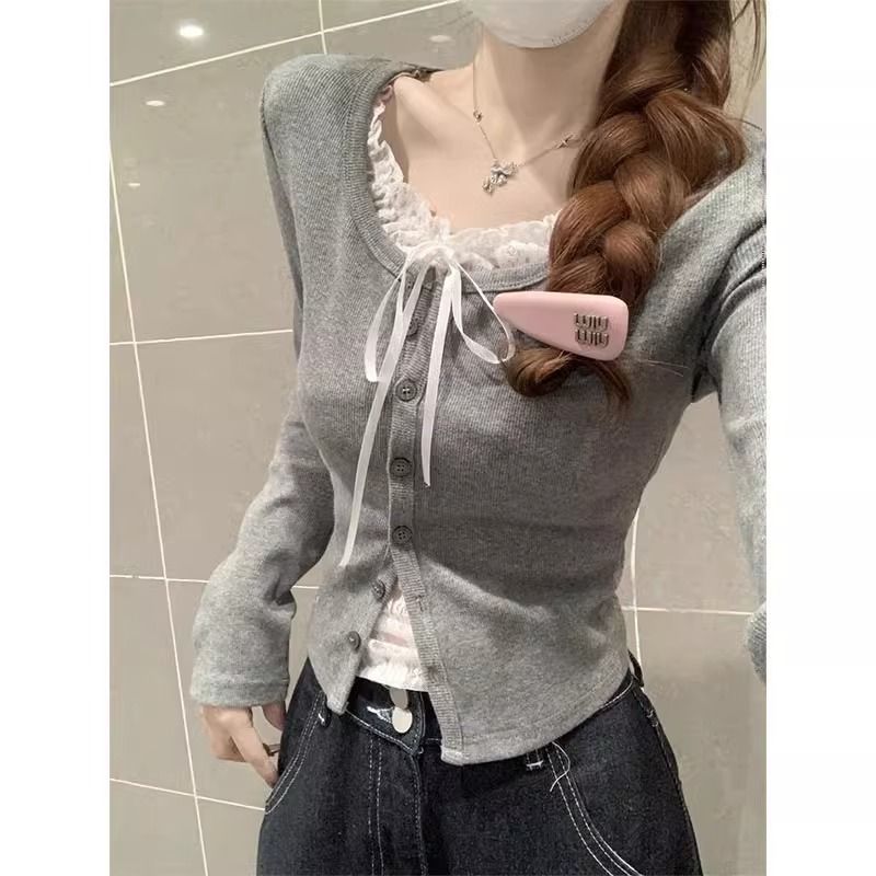 Maglietta a maniche lunghe Pure Desire coreana da donna, nuova primavera, con pizzo patchwork di alta qualità_voghion.com