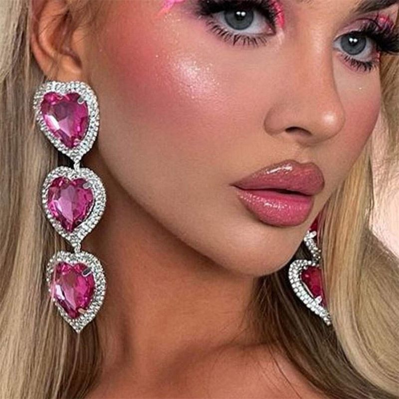 Trendy Love Pink and White Pendant Super Fairy Water Diamond Exaggerated Accessories Earrings_voghion.com