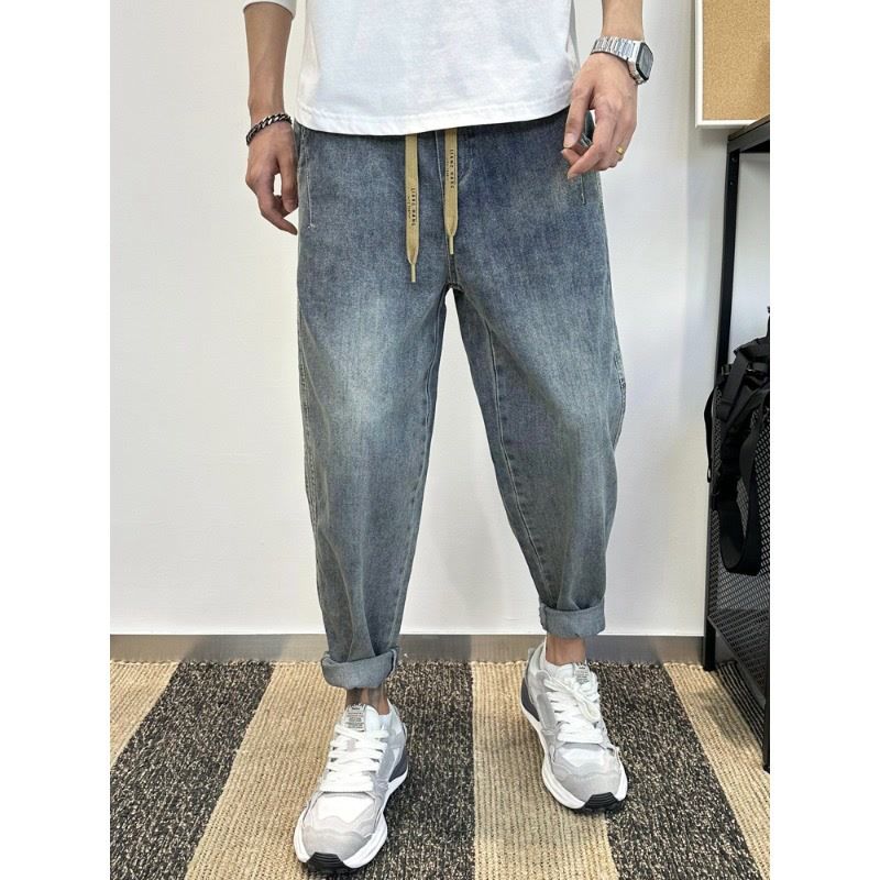 Pantaloni harem larghi in denim da uomo autunno inverno con elastico in vita, jeans patchwork lavati con coulisse_voghion.com