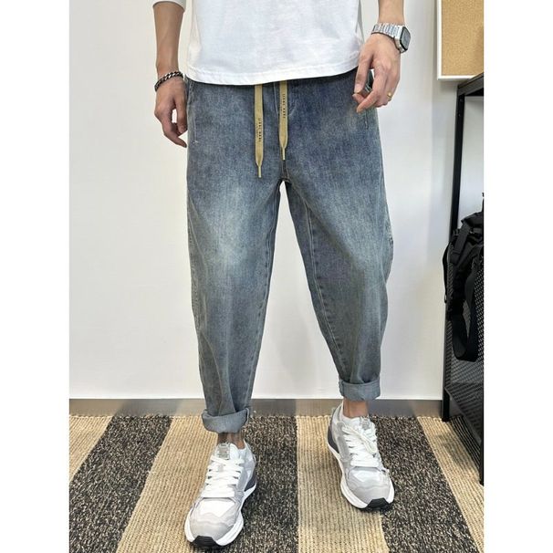 Pantaloni harem larghi in denim da uomo autunno inverno con elastico in vita, jeans patchwork lavati con coulisse_voghion.com