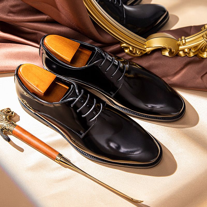 Open Edge Beaded Bright Leather Business Formal First Layer Cowhide Work Round Toe Derby Men's Shoes_voghion.com