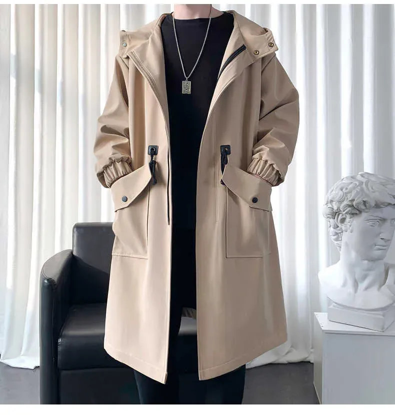 Men's Men'S Windbreaker Jacket Long Trench Oversize Loose Streetwear Hooded Vintage Black Coats High Street Casual Male_voghion.com