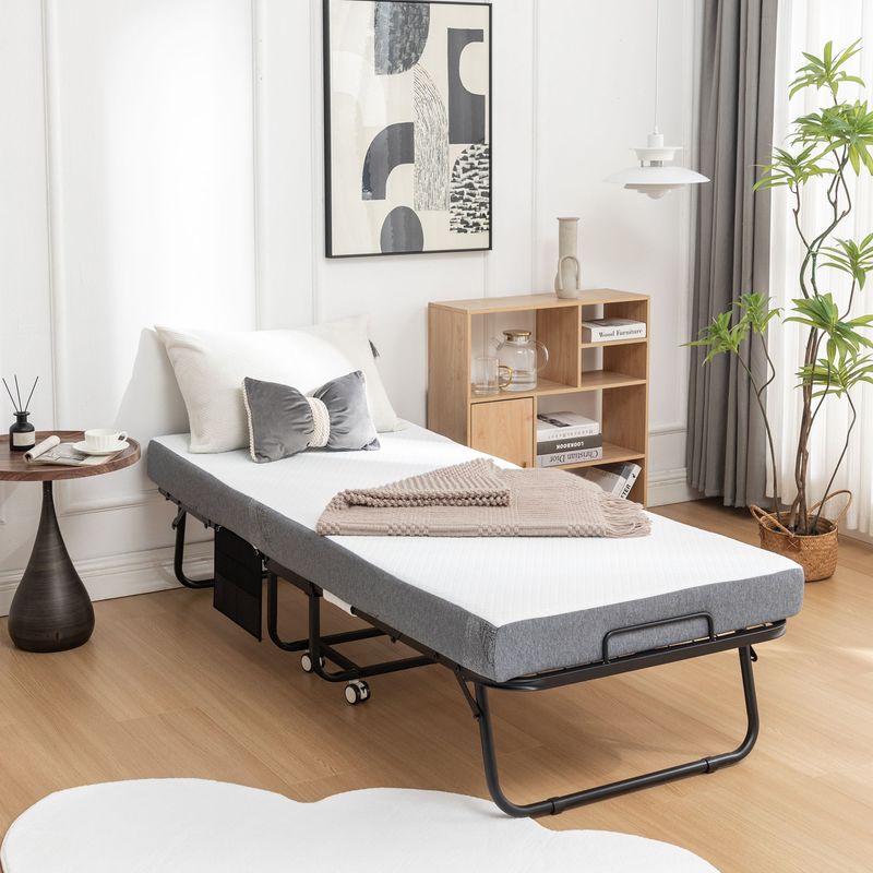 Portable Folding Bed Metal Frame Rollaway Bed With Memory Foam Mattress & Wheels_voghion.com