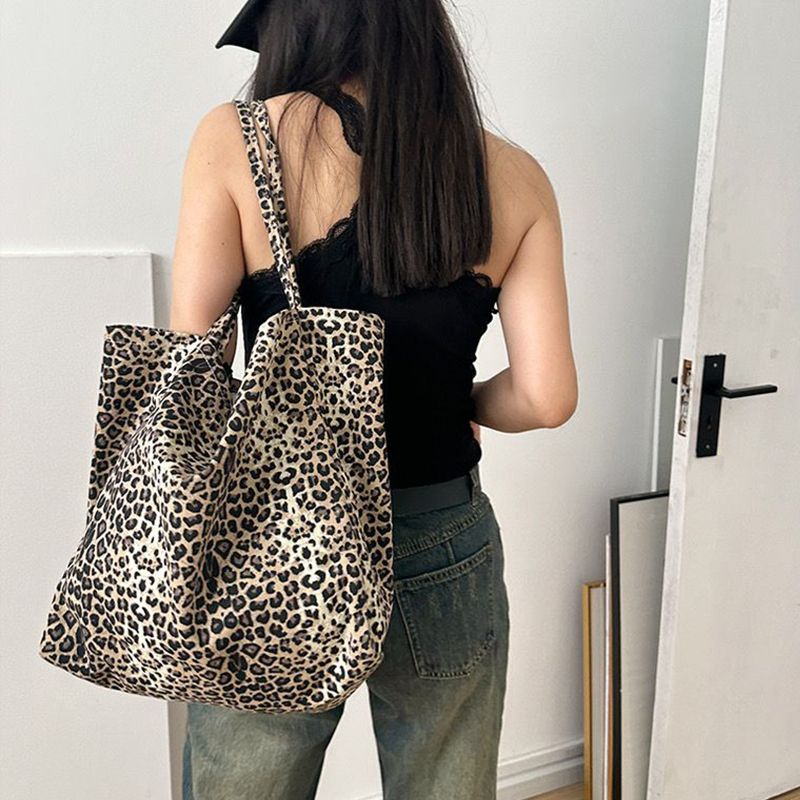 Damenhandtasche mit Leopardenmuster und großem Schultergurt, einzelne Einkaufstasche aus Segeltuch_voghion.com