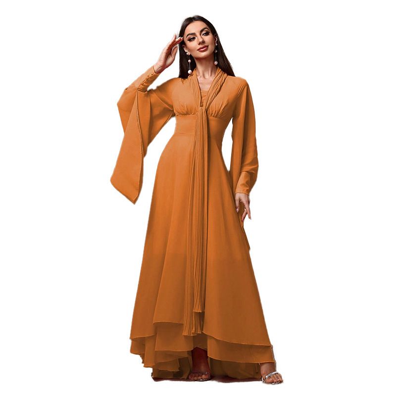 Elegante vestido largo de gasa para mujer con escote en V, mangas farol y volantes - Vestido de fiesta de talle alto y corte A para bodas y ocasiones de noche (naranja)_voghion.com