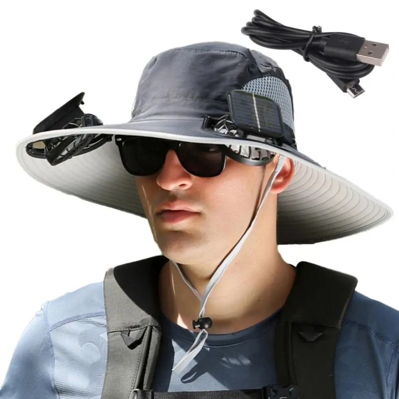 Fashion 1 sunshade fishing fisherman with dual fans big hat solar charging strong wind outdoor summer sun protection_voghion.com
