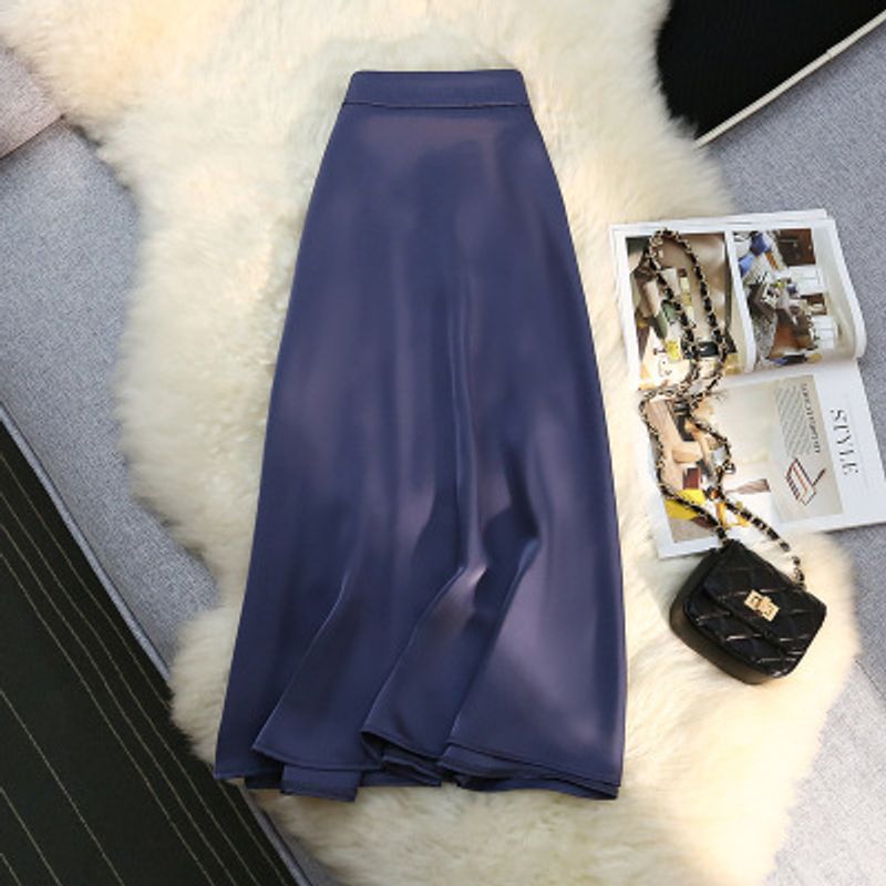 Fusta din acetat pentru femei, stil nou, talie elastică din satin de calitate înaltă, lungime medie, fustă leagăn mare cu talie înaltă_voghion.com