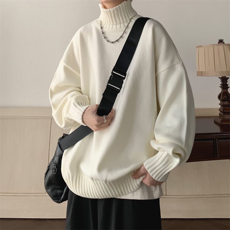 Herbstliche lockere Strickpulloverjacke mit hohem Kragen und Innennähten, Herrenpullover mit Basisschicht_voghion.com