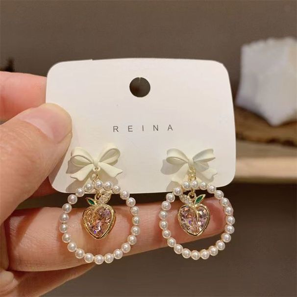 Damen Ohrringe Süße Mädchen Herz Pfirsich Schleife Ohrringe Nische Licht Luxus Design Ohrringe High Sense Ohrstecker_voghion.com