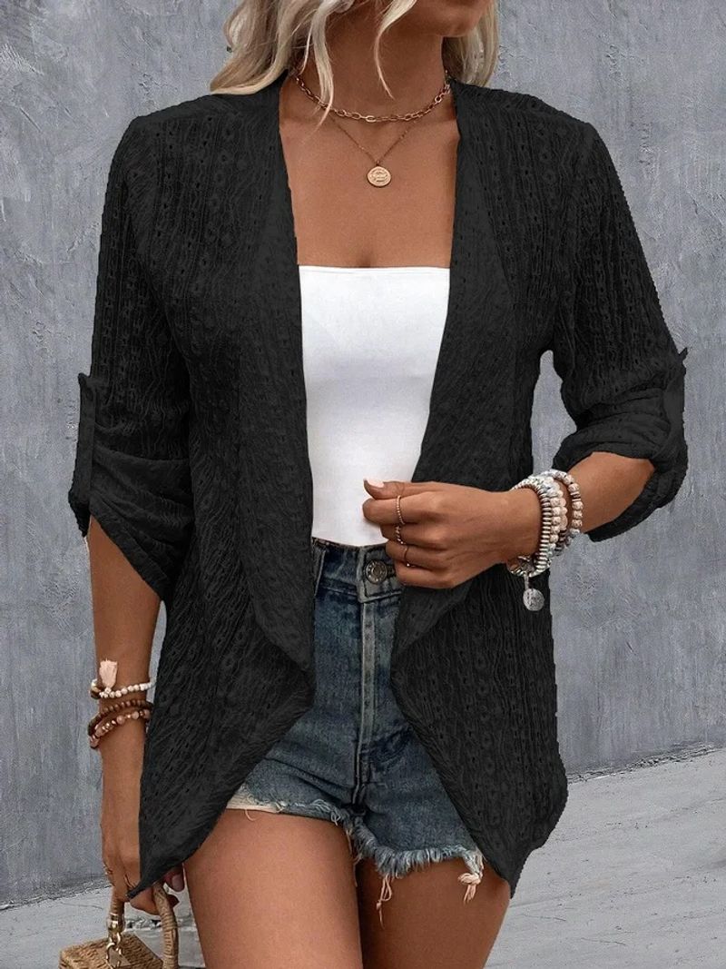 Damenbekleidung einfarbige Strickjacke mit Dreiviertelärmeln und Rüschenoberteil_voghion.com