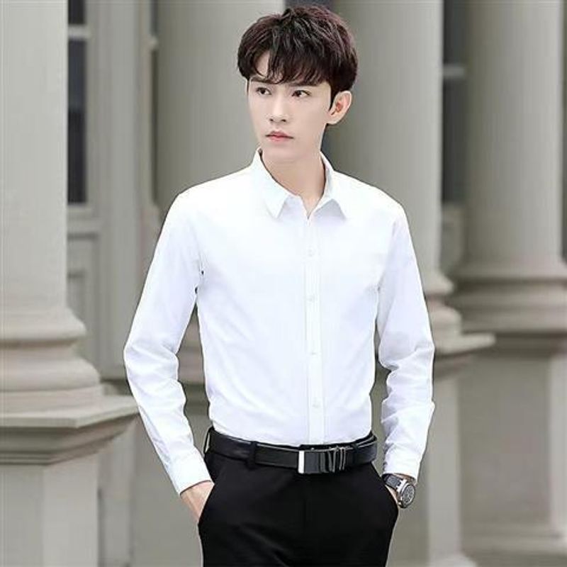 Camisa de manga corta blanca para hombre, corte largo y ajustado, estilo coreano, moderna, para negocios, color sólido versátil, para primavera y otoño_voghion.com