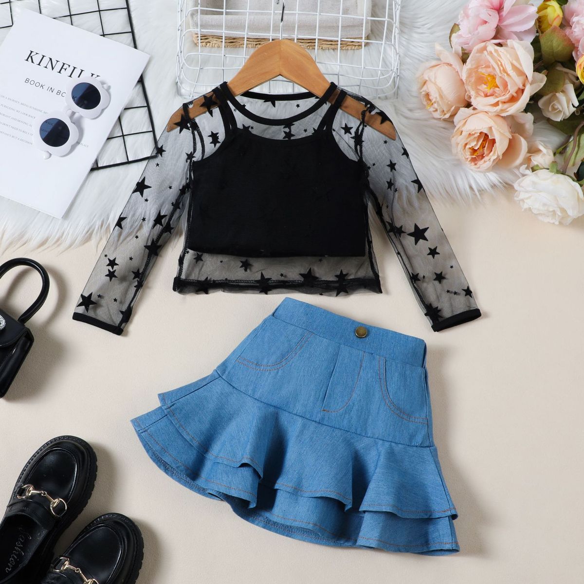 Completo tre pezzi per ragazze europee e americane, top a maniche lunghe in rete a stelle + canotta + gonna a pieghe in denim_voghion.com