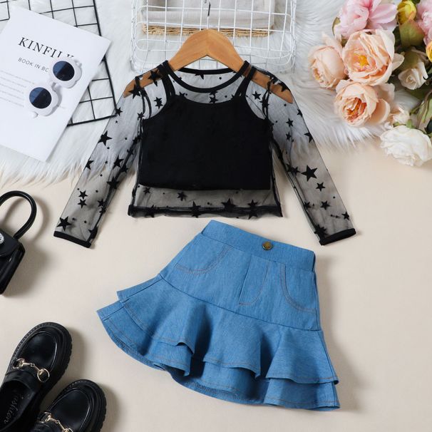 Completo tre pezzi per ragazze europee e americane, top a maniche lunghe in rete a stelle + canotta + gonna a pieghe in denim_voghion.com