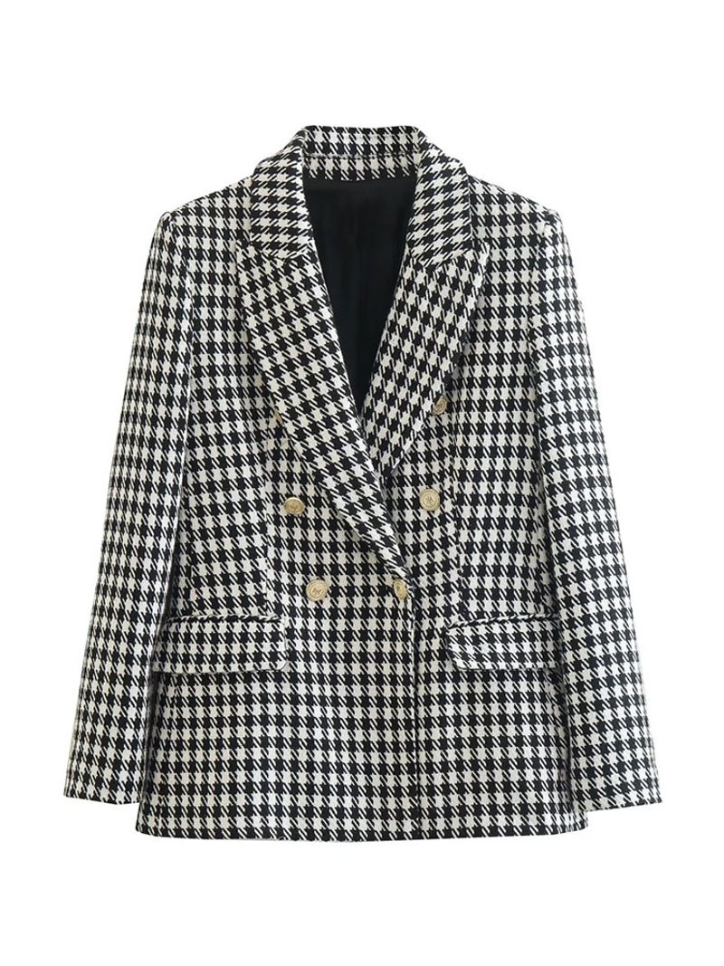 TRAF femmes mode Double boutonnage pied de poule Blazer manteau Vintage à manches longues poches à rabat vêtements d'extérieur pour femmes Chic Vestes_voghion.com