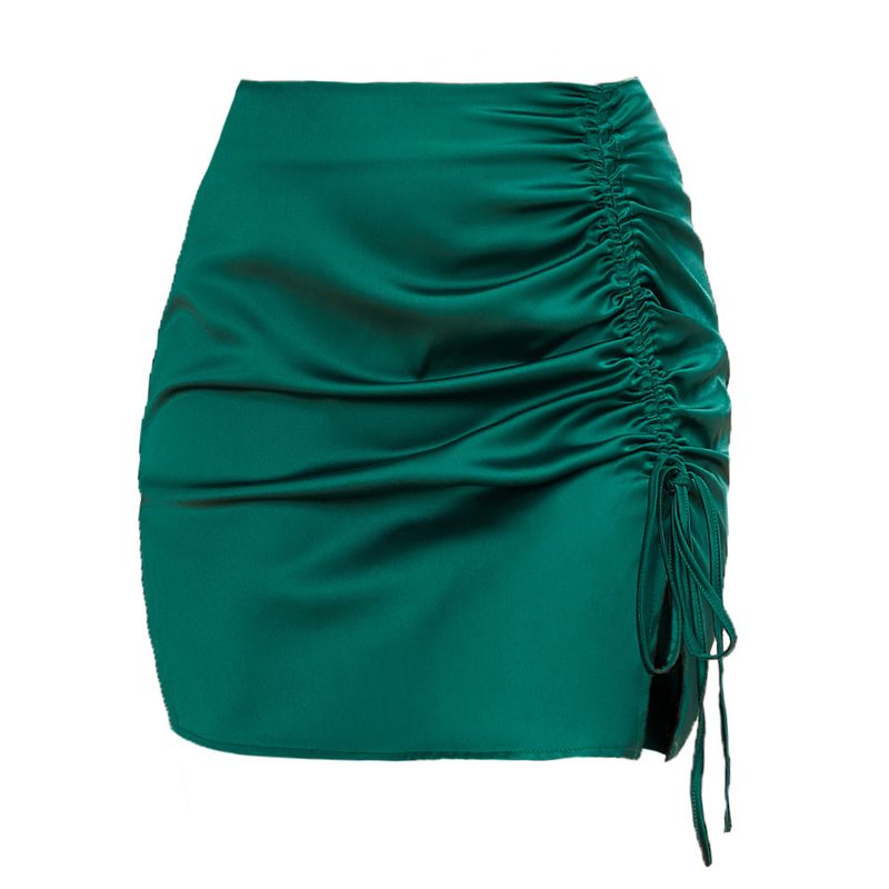 Verve Einfarbig Geraffte Bodycon Sexy Hohe Taille Zipper Satin Midi Rock Frauen Sommer Mode_voghion.com