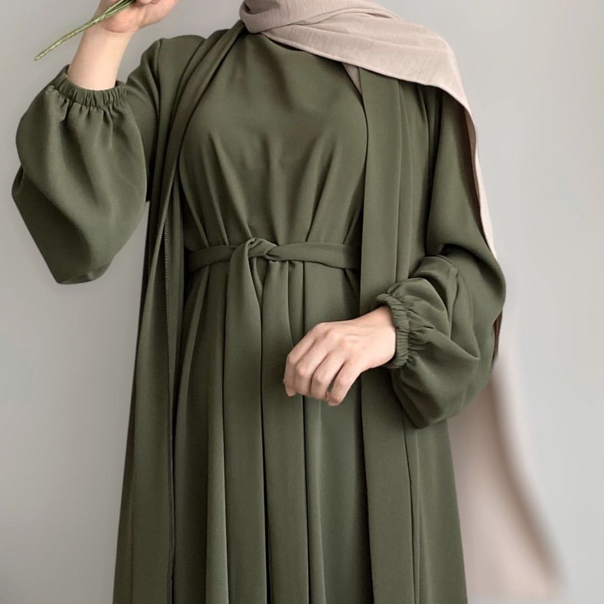Elegantes muslimisches Maxikleid mit langen Ärmeln, zweiteiliges Set für Damen – lockere Passform, einfarbig, atmungsaktives Polyestergewebe_voghion.com