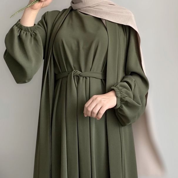 Elegantes muslimisches Maxikleid mit langen Ärmeln, zweiteiliges Set für Damen – lockere Passform, einfarbig, atmungsaktives Polyestergewebe_voghion.com
