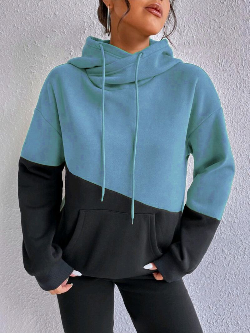 Women's Clothing 2024 autumn new color block stitching kangaroo pocket drawstring loose casual hooded sweatshirt women's tops_voghion.com