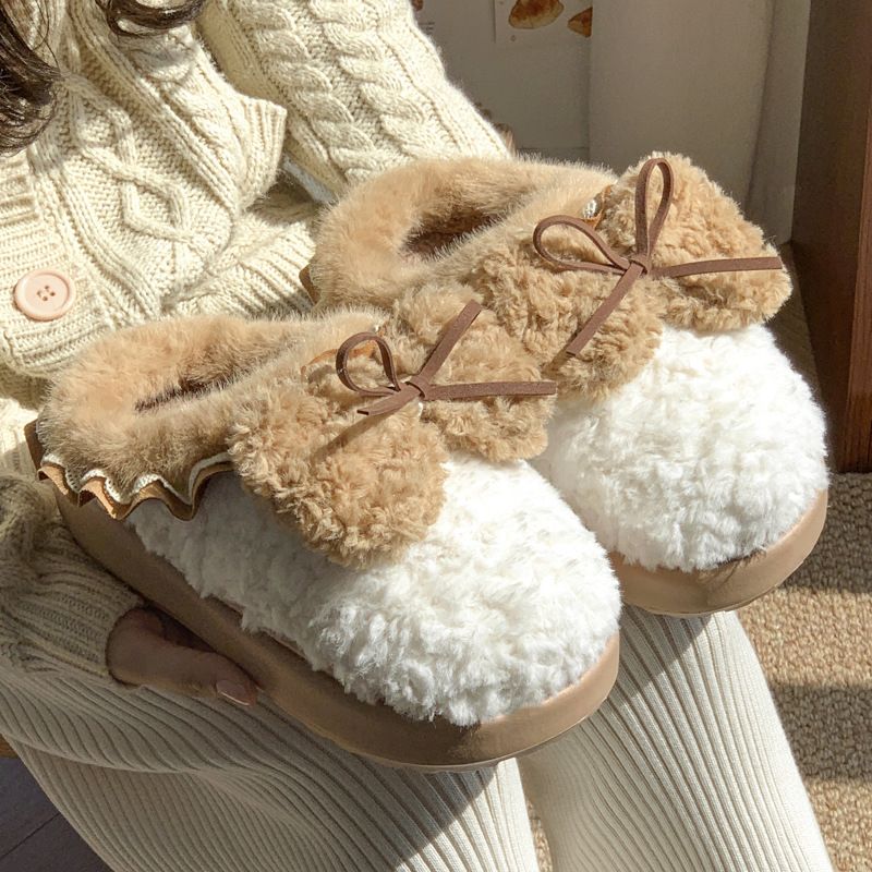 Bow-Knot Fleece-Lined Slippers For Women – Winter Indoor/Outdoor House Shoes With Anti-Slip EVA Sole & 3cm Height Boost (Taupe/Beige/Coffee, 36-41)​_voghion.com