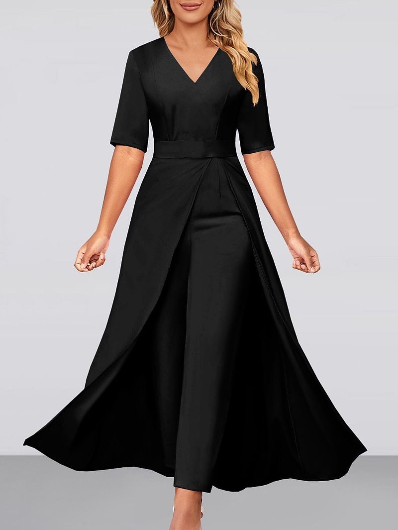 Women's fashionable temperament solid color V-neck short-sleeved leg jumpsuit_voghion.com