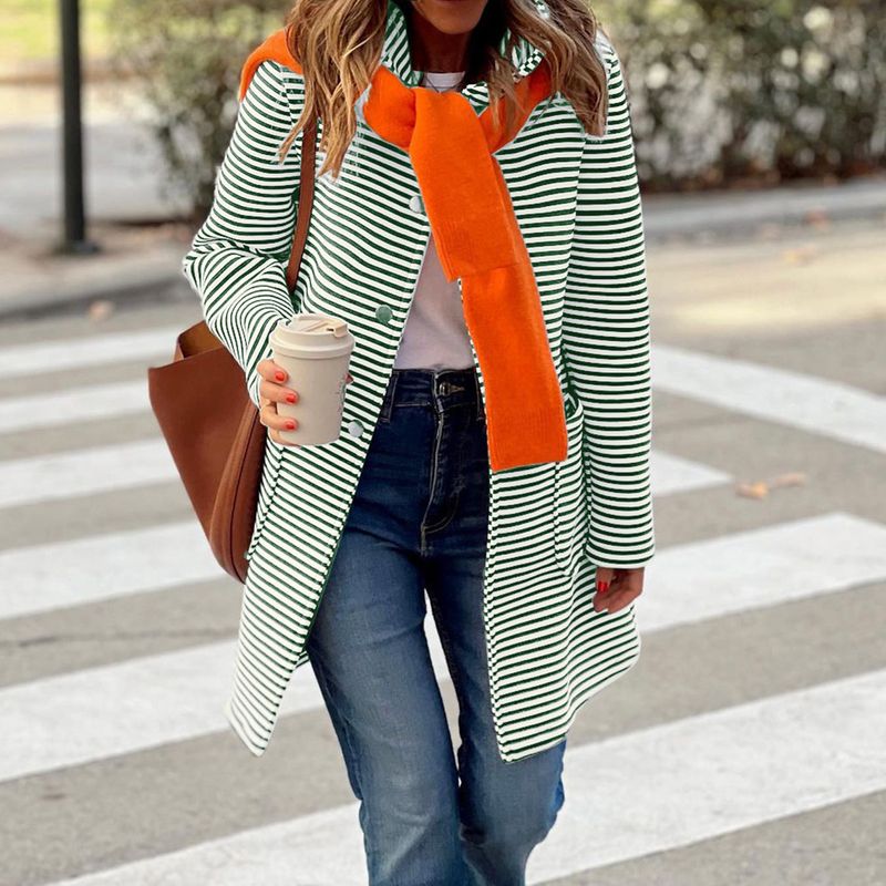 Cardigan a righe bicolore casual autunno/inverno con fibbia e cappuccio antivento per donna_voghion.com