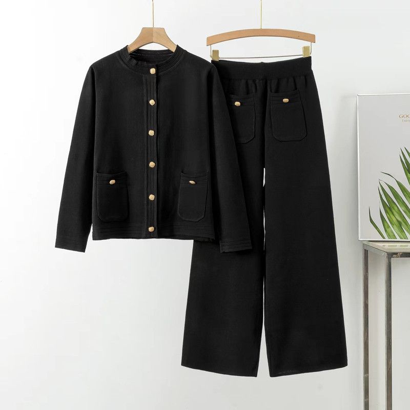 Dameklær høst og vinter ny stil liten langermet cardigan genser vide benbukser strikket todelt dress_voghion.com