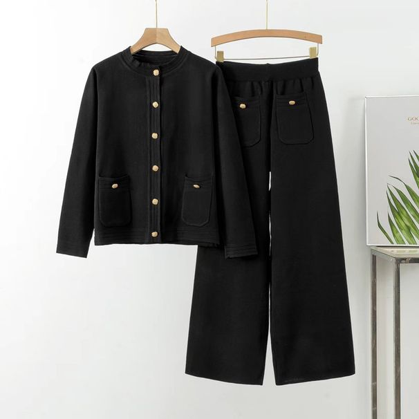 Dameklær høst og vinter ny stil liten langermet cardigan genser vide benbukser strikket todelt dress_voghion.com