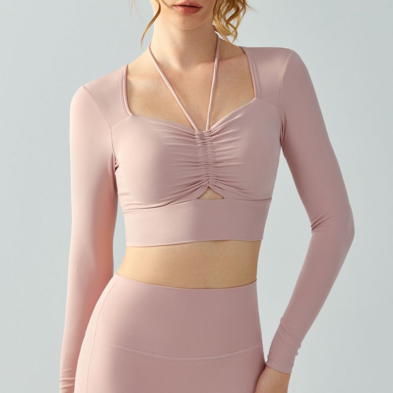 Da Shu Yoga Top for Women's Autumn Winter with Chest Pads, Drawstring Folded Sports Long Sleeves, Sexy Backless Running_voghion.com