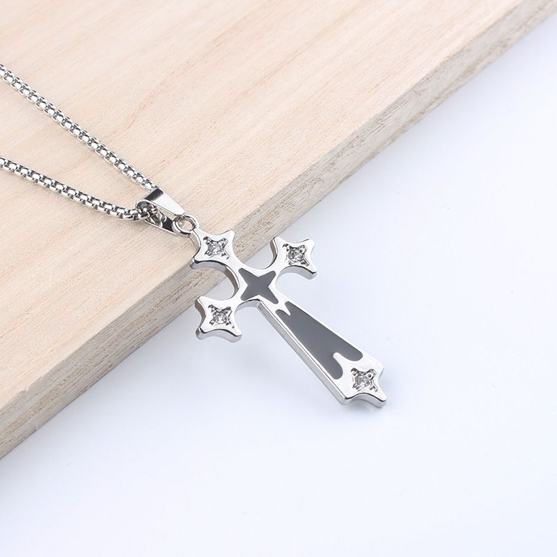 Collana da uomo con ciondolo a croce semplice tempestato di diamanti, versatile catena in acciaio inossidabile, accessori da donna_voghion.com