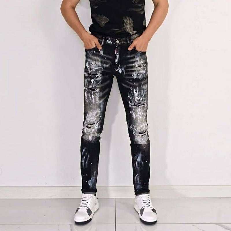 Herenkleding Gescheurde Zwart-Witte Patch Trend Elastische Slim Fit Broek High End Casual Herenbroeken_voghion.com