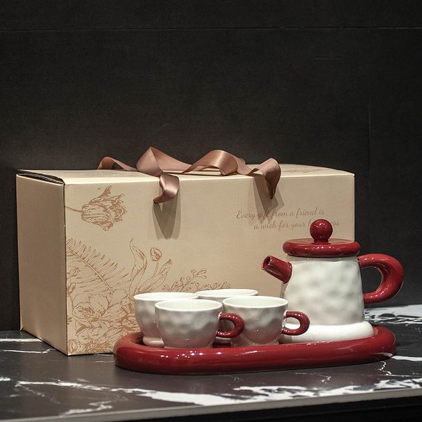 Set da tè in ceramica in stile nordico: 1 brocca e 4 tazze con vassoio, elegante set regalo color crema (ecologico, fatto a mano, perfetto per la casa e come regalo)_voghion.com
