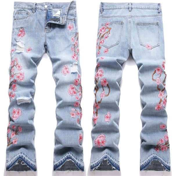 Men's Flared Jeans Retro 70s Style High Waist Wide Leg Denim Pants With Embroidered Plum Blossom Design - Light Blue_voghion.com