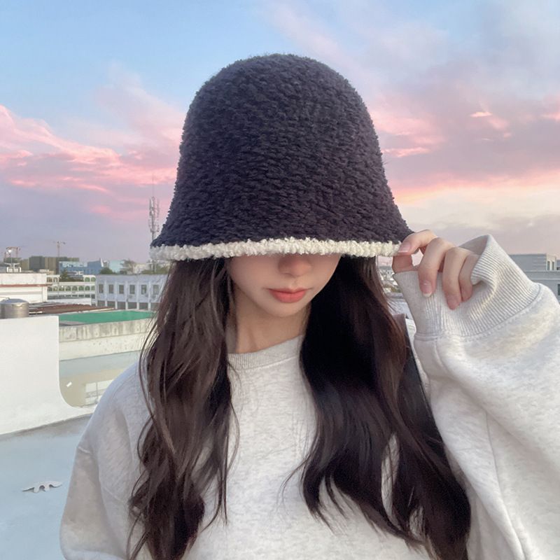 Autumn and Winter Korean Edition Colored Bucket Hat Versatile Lamb Fleece Knitted Fisherman Hat with Plain Face and_voghion.com