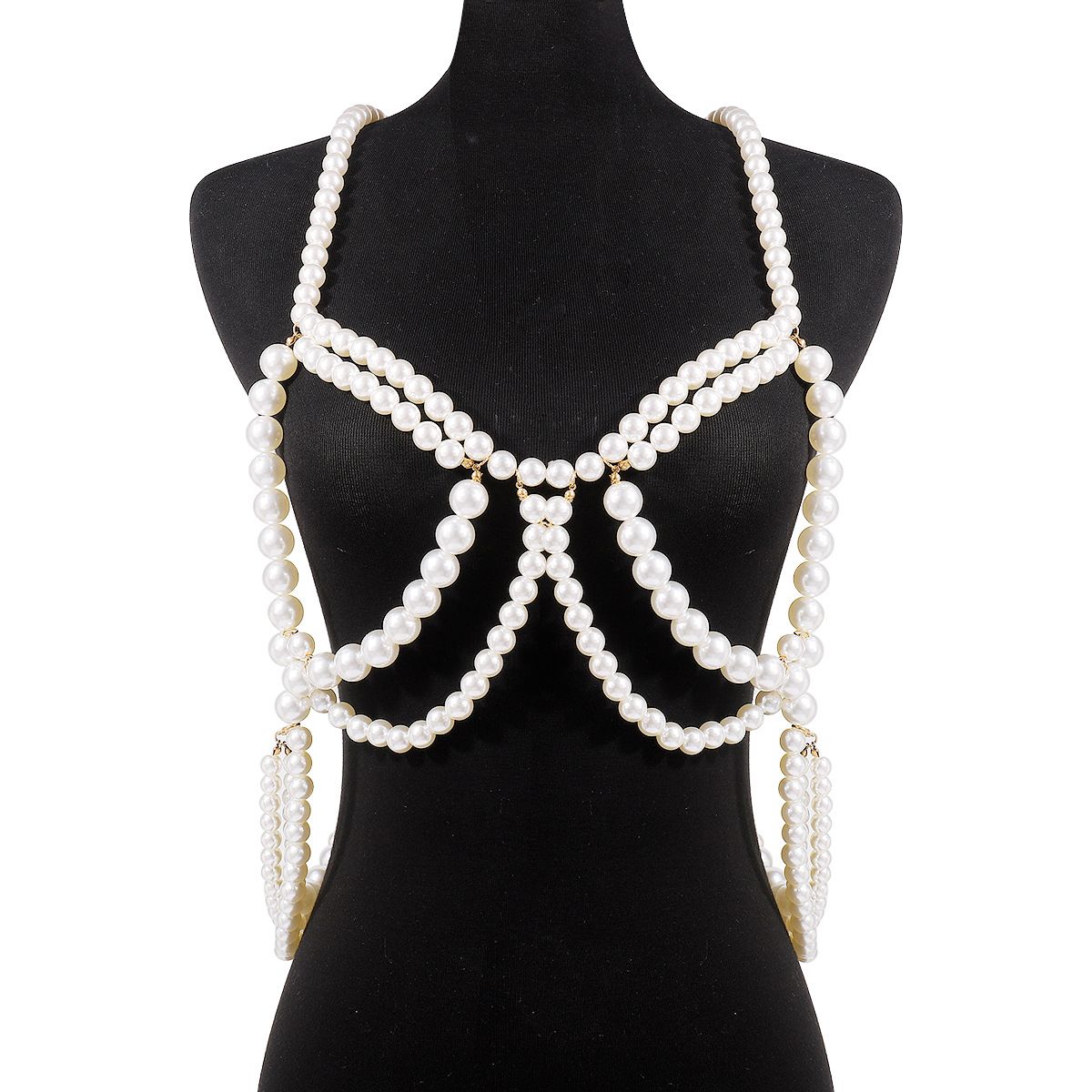 C0597 Bikini con perlas de viento y huecos en el pecho para chica picante, estilo discoteca sexy, cadena corporal con cuentas de múltiples capas para mujer_voghion.com