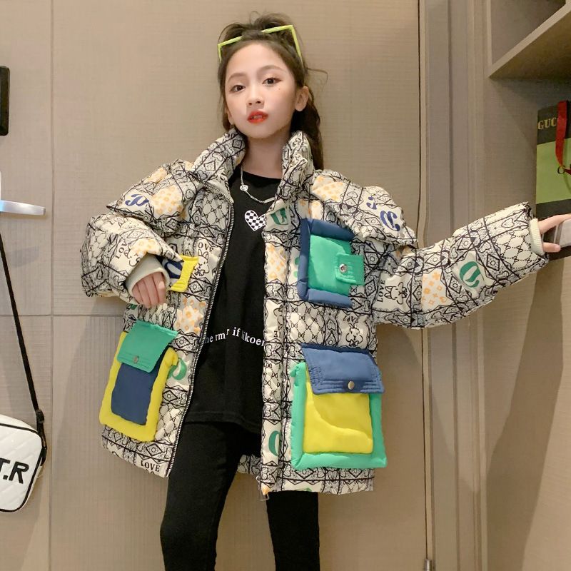Down winter short, medium size, children's and girls' cotton bread jacket, heavy-duty color blocking, outerwear_voghion.com