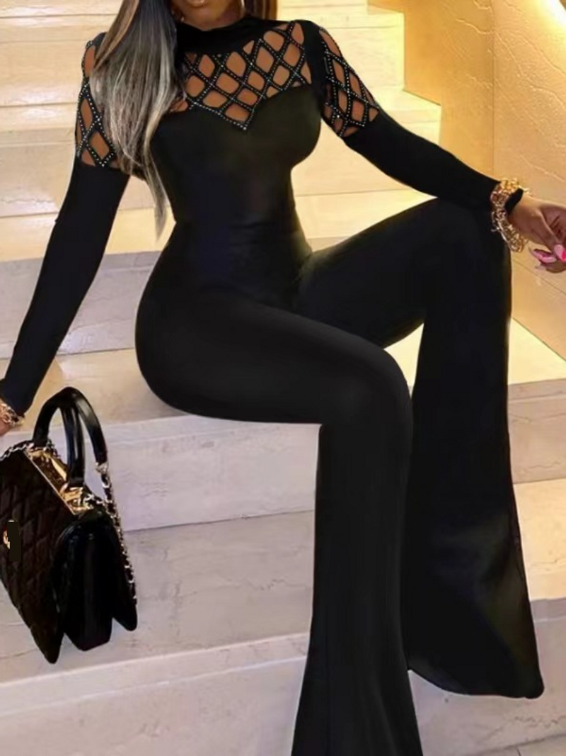 Women's Clothing Fashion Stitching Sexy Diamond Net Waist Slim Micro Horn Jumpsuit_voghion.com