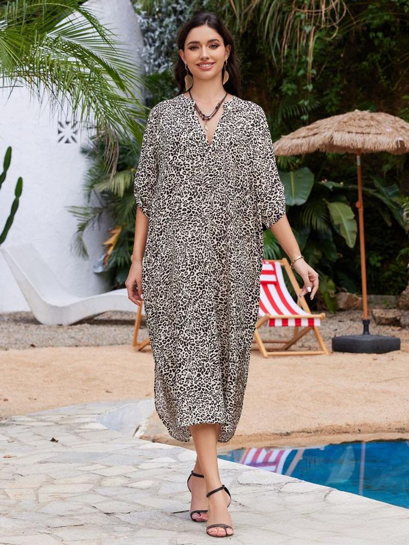 Women's V-Neck Floral Print Cotton Beach Cover-Up Dress - Lightweight Sun Protection Swimwear Cover-Up, One Size Fits Most_voghion.com