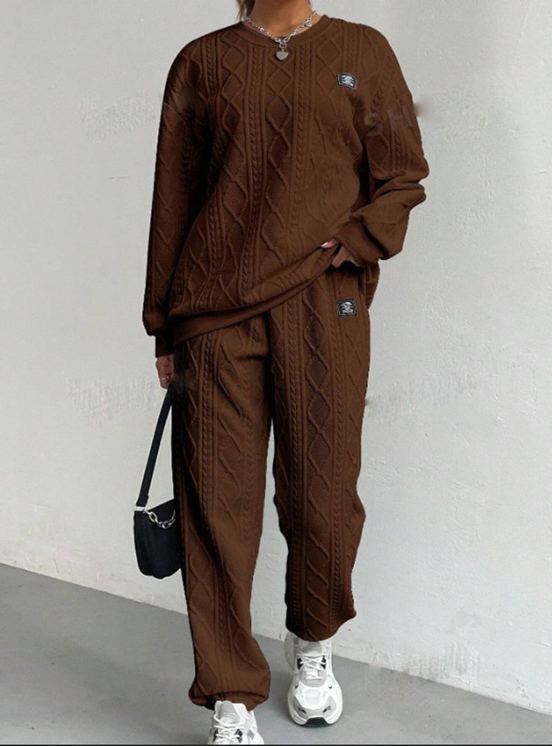 Women's Clothing autumn and winter new women's clothing jacquard long sleeved casual round neck sweatshirt trousers suit_voghion.com