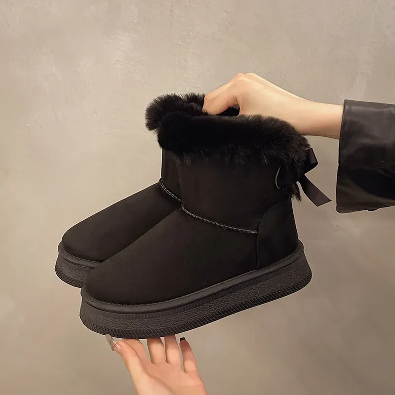 Fleece Lined And Thickened Snow Boots With Slip On Design 2025 Winter New Style Thick Sole Furry Opening Bow Knot Warm_voghion.com