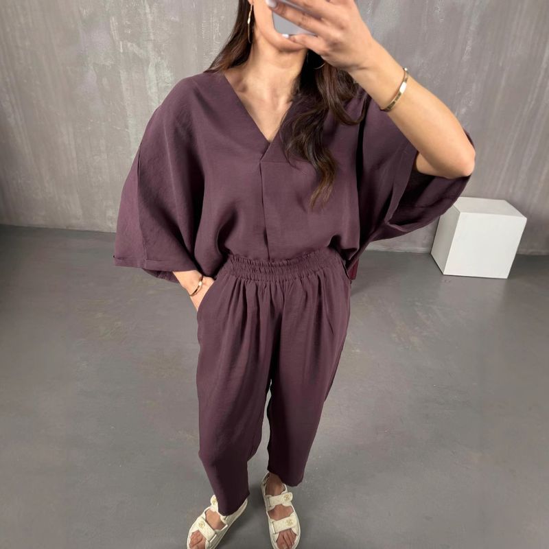 Women's Clothing Fashion Casual Suits Spring And Summer New Arrivals Wrinkled V Neck Temperament Sleeve Loose Tops And Pants Two Piece Suit_voghion.com