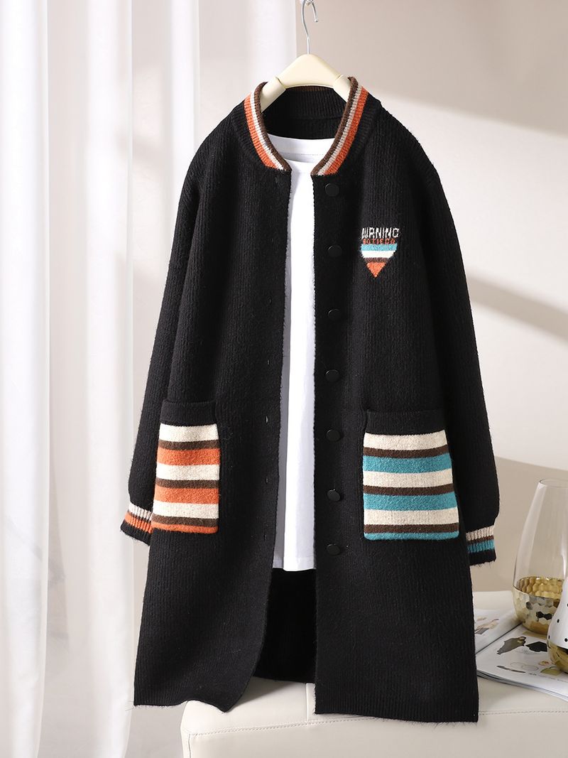 Dameskleding Baseballkraag kleur bijpassende middellange gebreide cardigan 2023 herfst en winter enkelrijs losse trui damesjas_voghion.com