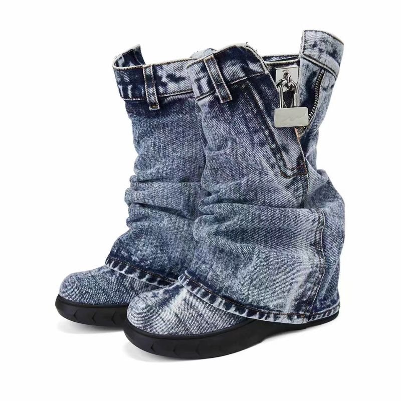 Plus-Size Hierscht/Wanter Stiwwelen mat gewaschener Vintage-Jeans-Stil an enger Keil-Verschluss, ronne Nues bis op d'Mëtt vum Wade_voghion.com