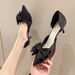 2022 Spring Big Bow Thin High Heel Korean Sweet Closed-Toe Half Mules Pointed Toe Satin Women's Shoes_voghion.com