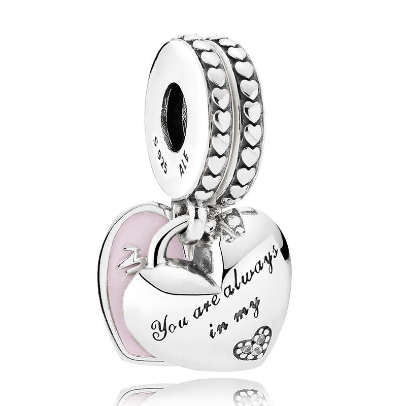  Mother & Daughter Hearts with Soft Pink Enamel & Clear CZ Dangle_voghion.com