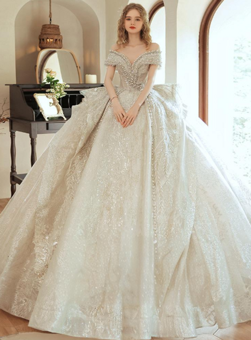 Roupas femininas novo vestido de noiva vestido de noiva principal estilo palácio arrastando resistente um ombro vestido de noiva para mulheres_voghion.com