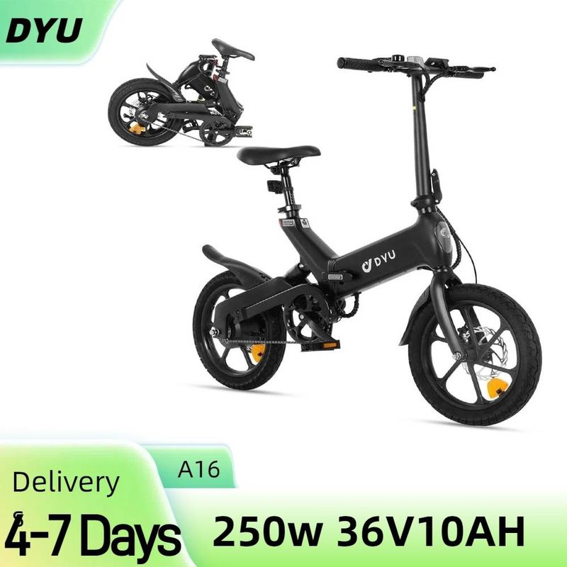 DYU A16 sulankstomas elektrinis dviratis, 16 colių lengvas miesto dviratis, 250 W variklis, 36 V 10 Ah baterija, dvigubi diskiniai stabdžiai_voghion.com